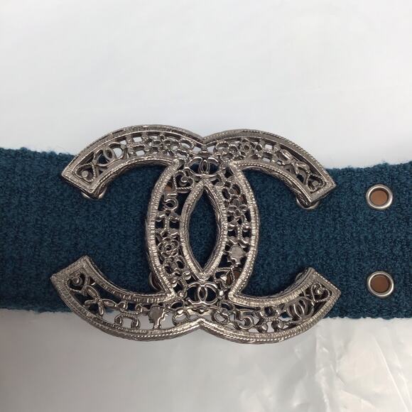Authentic Chanel 2” wide green tweed & leather belt silver CC buckle Small H1 main image 14